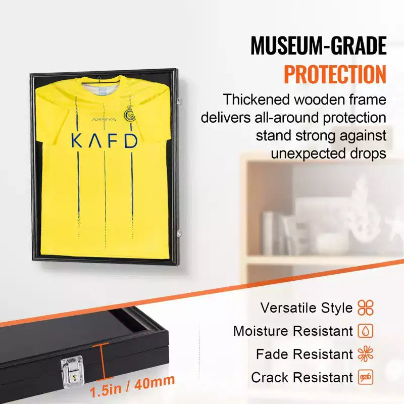 Cadre de présentation pour maillot, 24 x 32 x 1,5 po, Grande vitrine verrouillable pour maillot de sport avec verre PC anti-UV 98 % et cintres, Noir
