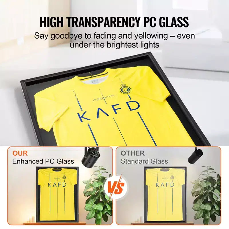 Cadre de présentation pour maillot, 24 x 32 x 1,5 po, Grande vitrine verrouillable pour maillot de sport avec verre PC anti-UV 98 % et cintres, Noir
