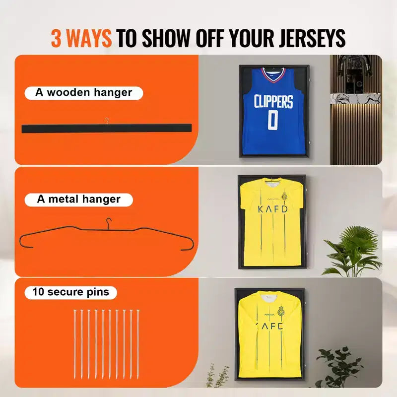 Cadre de présentation pour maillot, 24 x 32 x 1,5 po, Grande vitrine verrouillable pour maillot de sport avec verre PC anti-UV 98 % et cintres, Noir