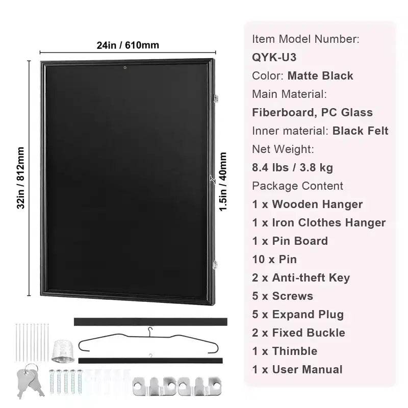 Cadre de présentation pour maillot, 24 x 32 x 1,5 po, Grande vitrine verrouillable pour maillot de sport avec verre PC anti-UV 98 % et cintres, Noir
