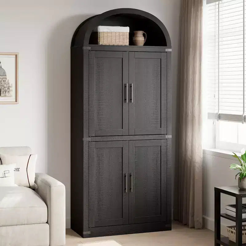 Bibliothèque arquée de 183 cm de haut, style ferme moderne, avec 4 portes vitrées/en bois et étagère ouverte, meuble de rangement autoportant