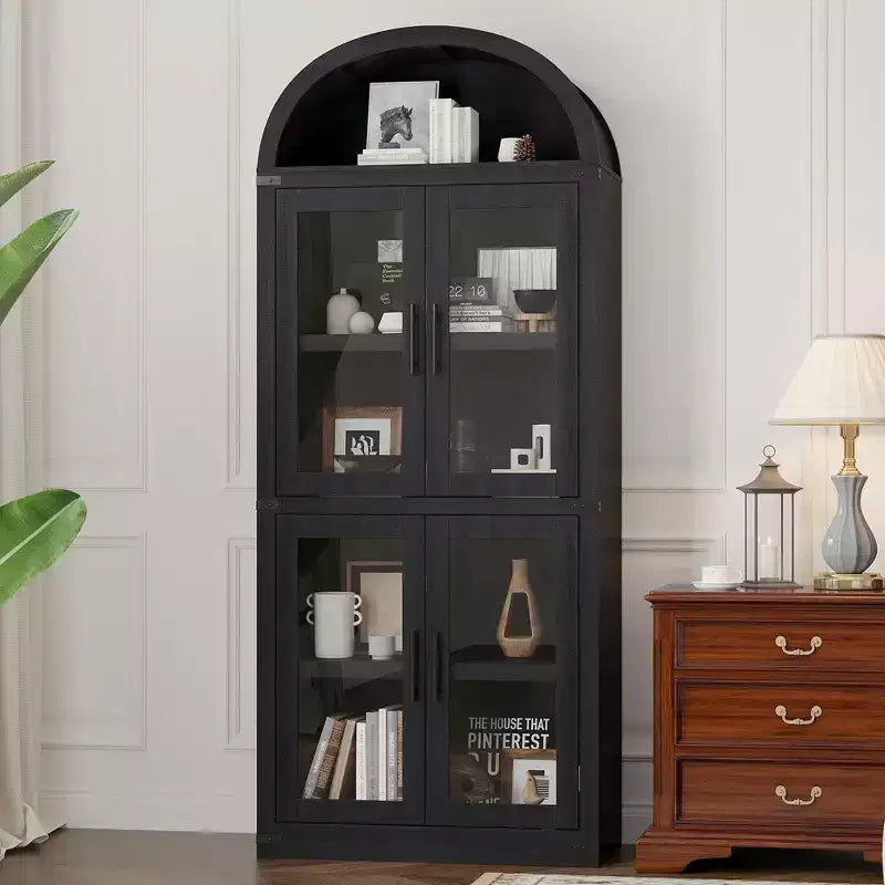 Bibliothèque arquée de 183 cm de haut, style ferme moderne, avec 4 portes vitrées/en bois et étagère ouverte, meuble de rangement autoportant