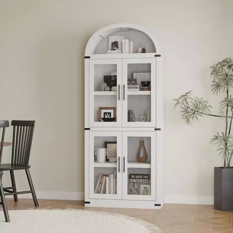 Bibliothèque arquée de 183 cm de haut, style ferme moderne, avec 4 portes vitrées/en bois et étagère ouverte, meuble de rangement autoportant