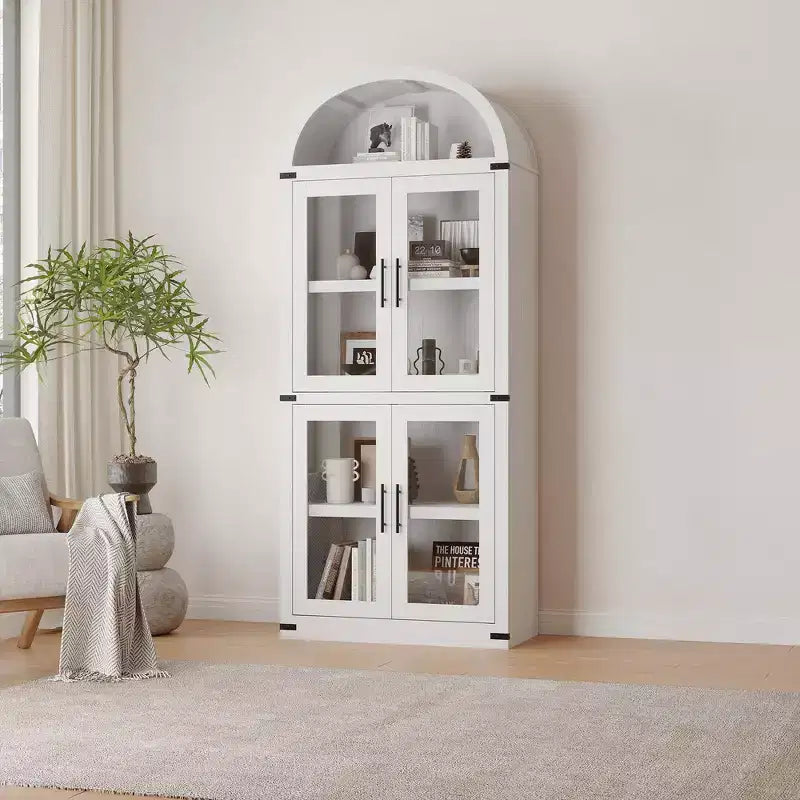 Bibliothèque arquée de 183 cm de haut, style ferme moderne, avec 4 portes vitrées/en bois et étagère ouverte, meuble de rangement autoportant