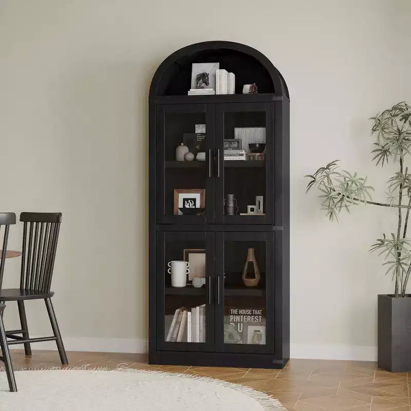 Bibliothèque arquée de 183 cm de haut, style ferme moderne, avec 4 portes vitrées/en bois et étagère ouverte, meuble de rangement autoportant