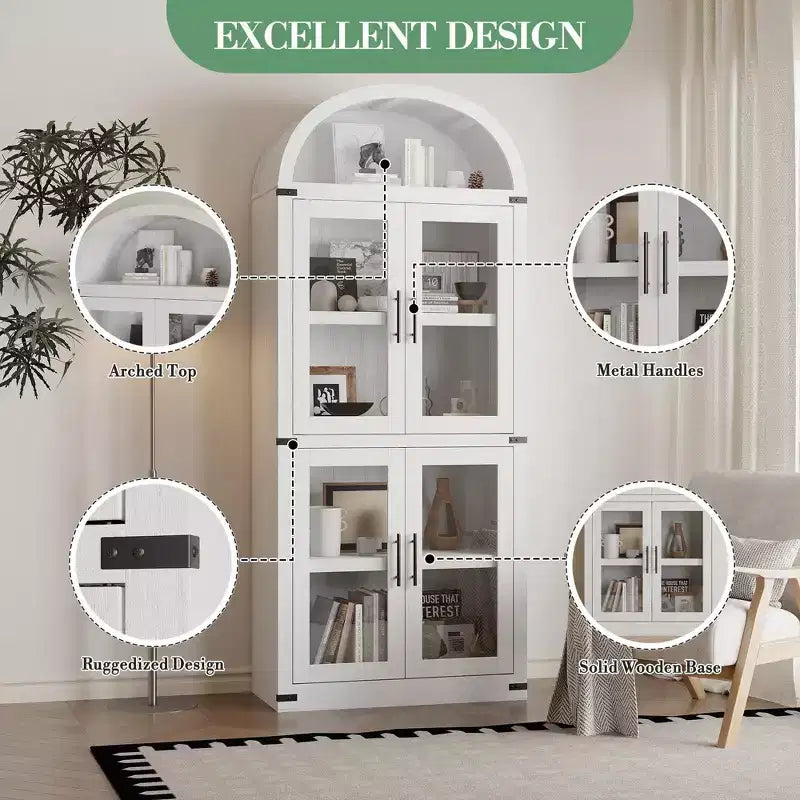 Bibliothèque arquée de 183 cm de haut, style ferme moderne, avec 4 portes vitrées/en bois et étagère ouverte, meuble de rangement autoportant