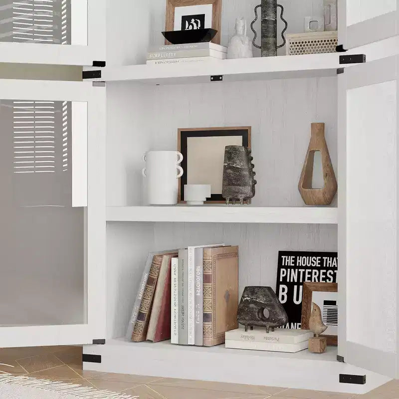 Bibliothèque arquée de 183 cm de haut, style ferme moderne, avec 4 portes vitrées/en bois et étagère ouverte, meuble de rangement autoportant