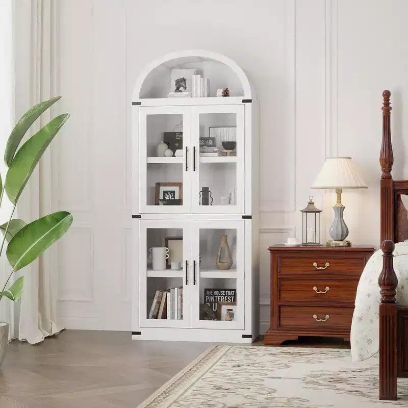 Bibliothèque arquée de 183 cm de haut, style ferme moderne, avec 4 portes vitrées/en bois et étagère ouverte, meuble de rangement autoportant