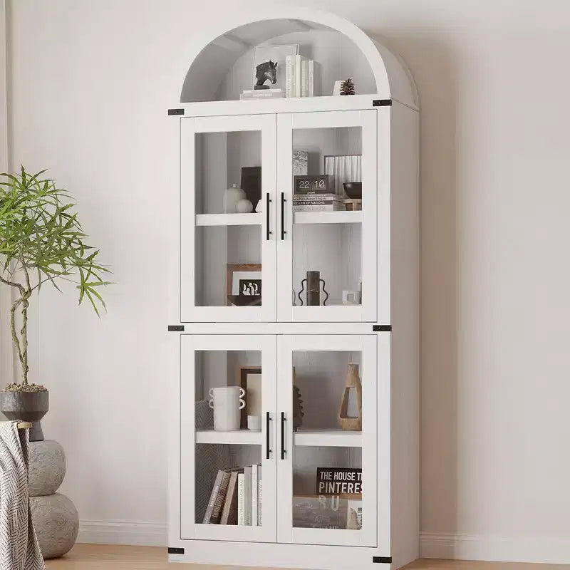 Bibliothèque arquée de 183 cm de haut, style ferme moderne, avec 4 portes vitrées/en bois et étagère ouverte, meuble de rangement autoportant