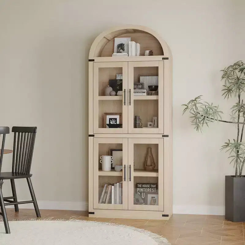 Bibliothèque arquée de 183 cm de haut, style ferme moderne, avec 4 portes vitrées/en bois et étagère ouverte, meuble de rangement autoportant