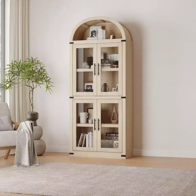 Bibliothèque arquée de 183 cm de haut, style ferme moderne, avec 4 portes vitrées/en bois et étagère ouverte, meuble de rangement autoportant