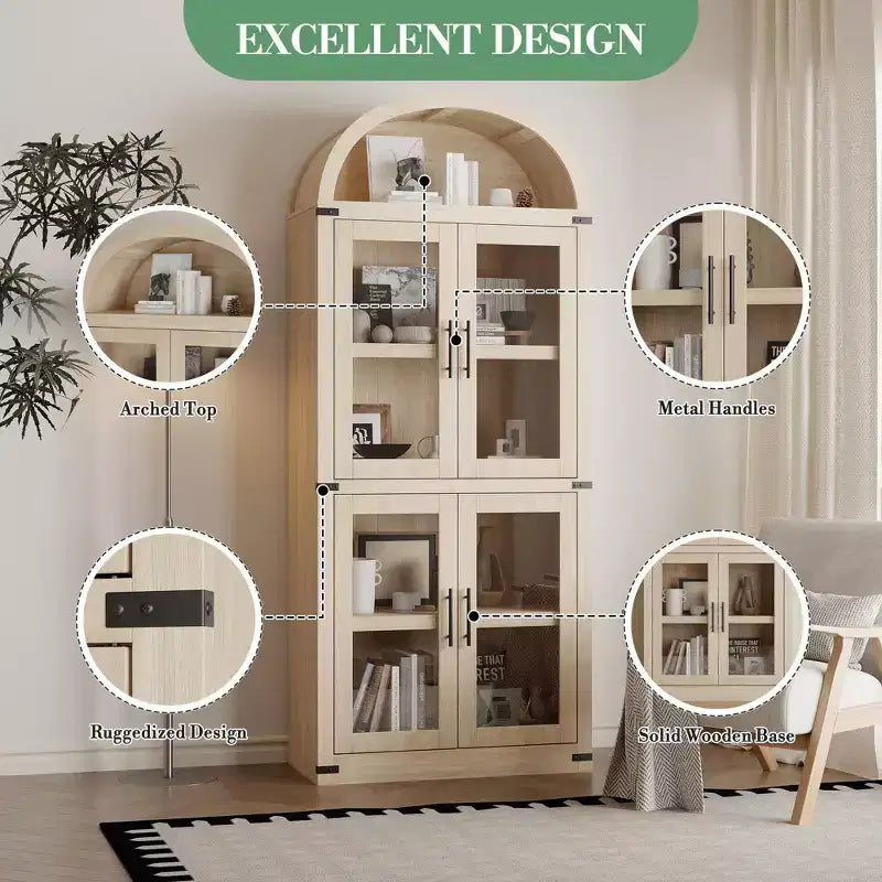 Bibliothèque arquée de 183 cm de haut, style ferme moderne, avec 4 portes vitrées/en bois et étagère ouverte, meuble de rangement autoportant