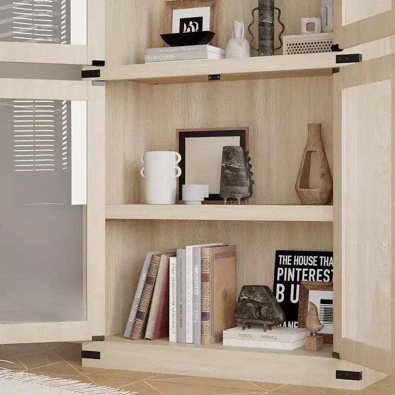 Bibliothèque arquée de 183 cm de haut, style ferme moderne, avec 4 portes vitrées/en bois et étagère ouverte, meuble de rangement autoportant