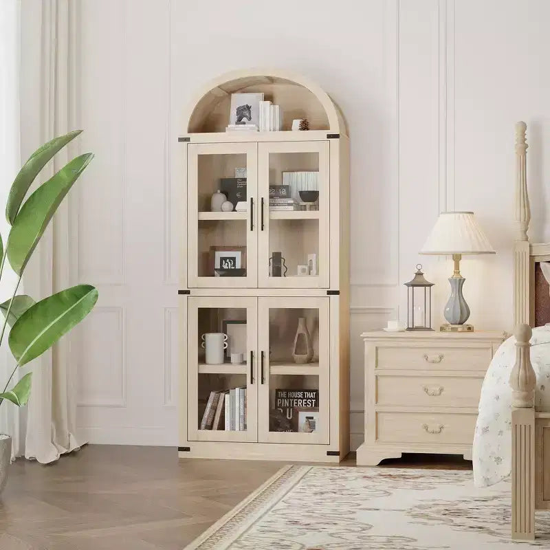 Bibliothèque arquée de 183 cm de haut, style ferme moderne, avec 4 portes vitrées/en bois et étagère ouverte, meuble de rangement autoportant