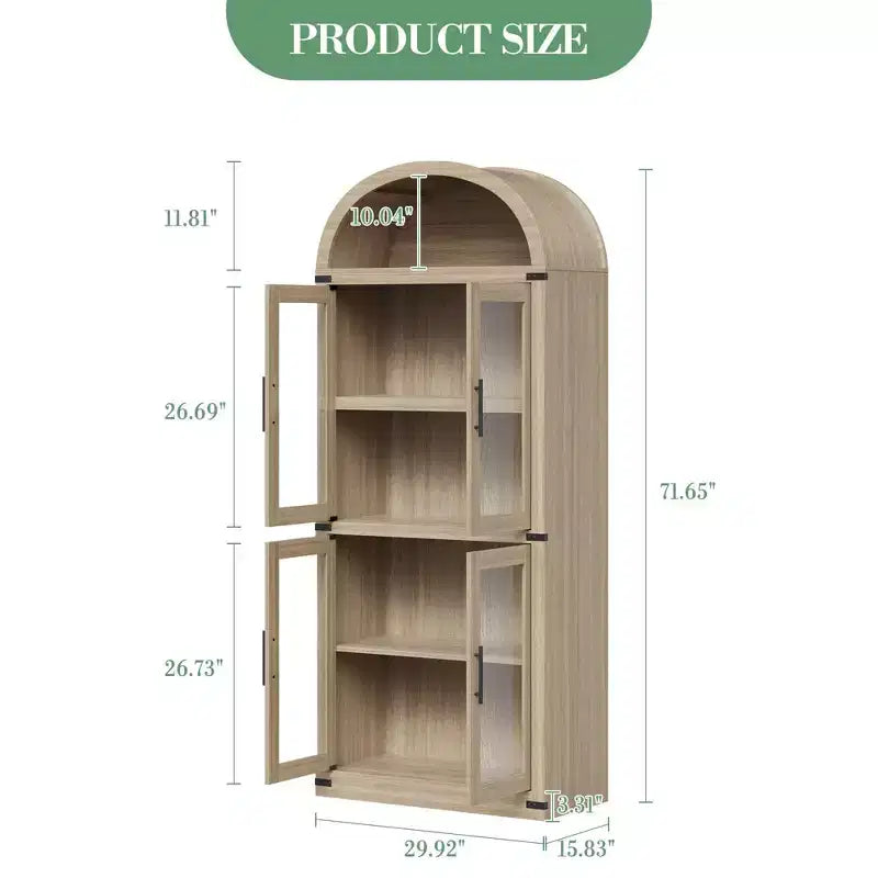 Bibliothèque arquée de 183 cm de haut, style ferme moderne, avec 4 portes vitrées/en bois et étagère ouverte, meuble de rangement autoportant