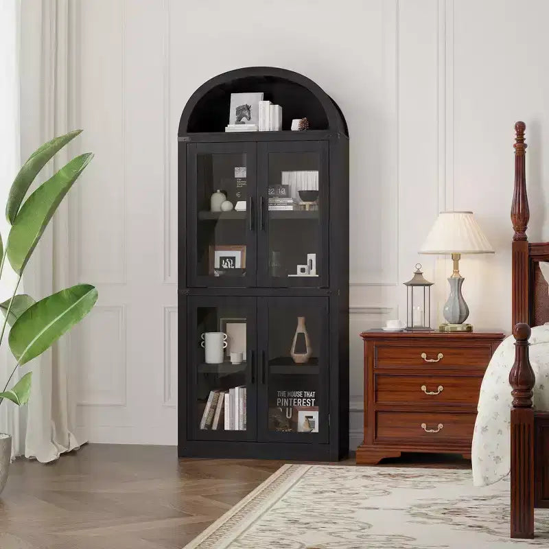 Bibliothèque arquée de 183 cm de haut, style ferme moderne, avec 4 portes vitrées/en bois et étagère ouverte, meuble de rangement autoportant