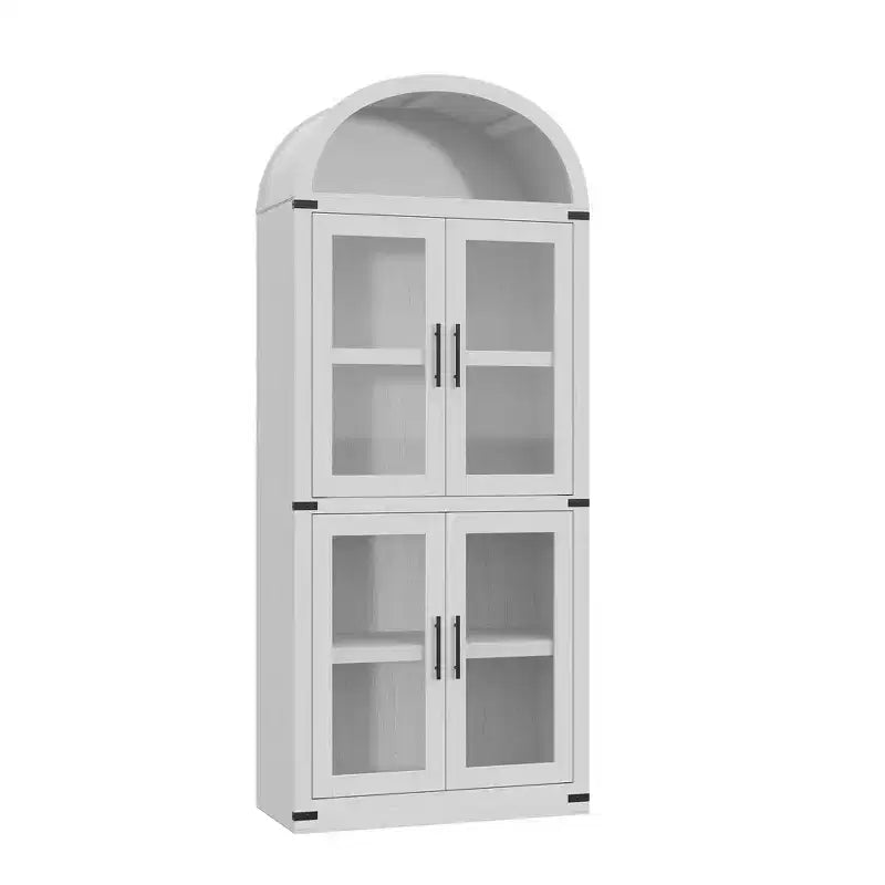 Bibliothèque arquée de 183 cm de haut, style ferme moderne, avec 4 portes vitrées/en bois et étagère ouverte, meuble de rangement autoportant