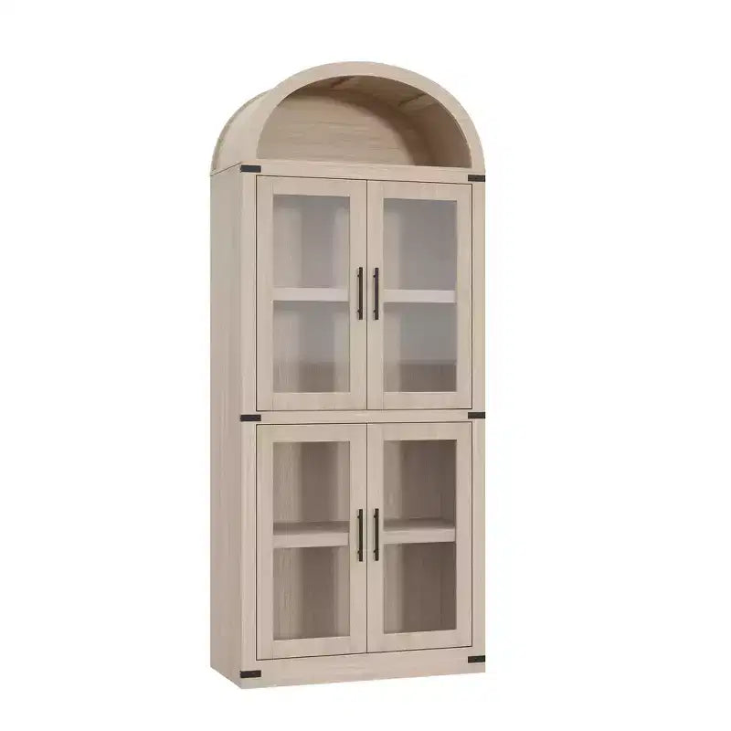 Bibliothèque arquée de 183 cm de haut, style ferme moderne, avec 4 portes vitrées/en bois et étagère ouverte, meuble de rangement autoportant