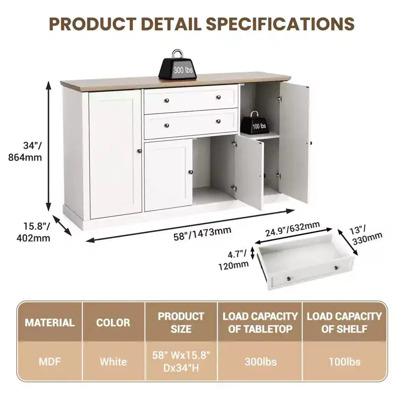 Buffet/Bahut de Rangement 58 po avec 4 Portes et 2 Tiroirs, Meuble de Rangement de Cuisine en Bois Style Ferme, Station de Café