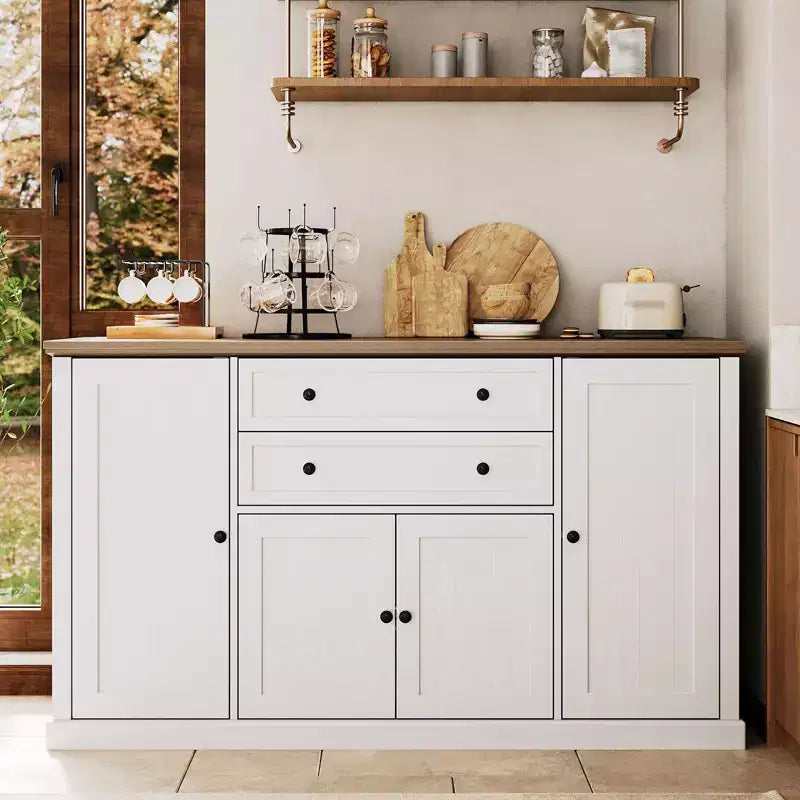 Buffet/Bahut de Rangement 58 po avec 4 Portes et 2 Tiroirs, Meuble de Rangement de Cuisine en Bois Style Ferme, Station de Café