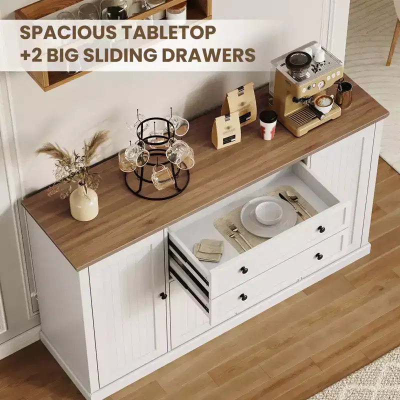 Buffet/Bahut de Rangement 58 po avec 4 Portes et 2 Tiroirs, Meuble de Rangement de Cuisine en Bois Style Ferme, Station de Café
