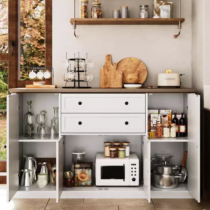 Buffet/Bahut de Rangement 58 po avec 4 Portes et 2 Tiroirs, Meuble de Rangement de Cuisine en Bois Style Ferme, Station de Café