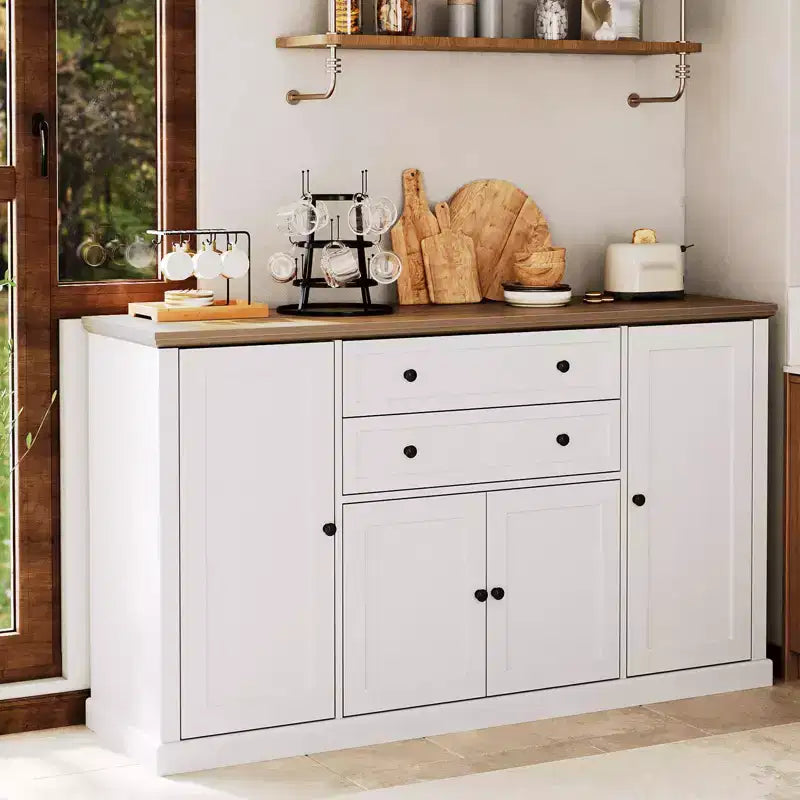 Buffet/Bahut de Rangement 58 po avec 4 Portes et 2 Tiroirs, Meuble de Rangement de Cuisine en Bois Style Ferme, Station de Café