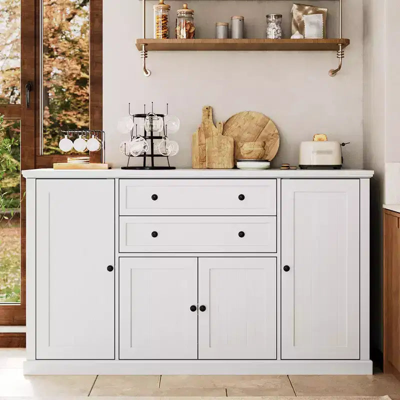 Buffet/Bahut de Rangement 58 po avec 4 Portes et 2 Tiroirs, Meuble de Rangement de Cuisine en Bois Style Ferme, Station de Café