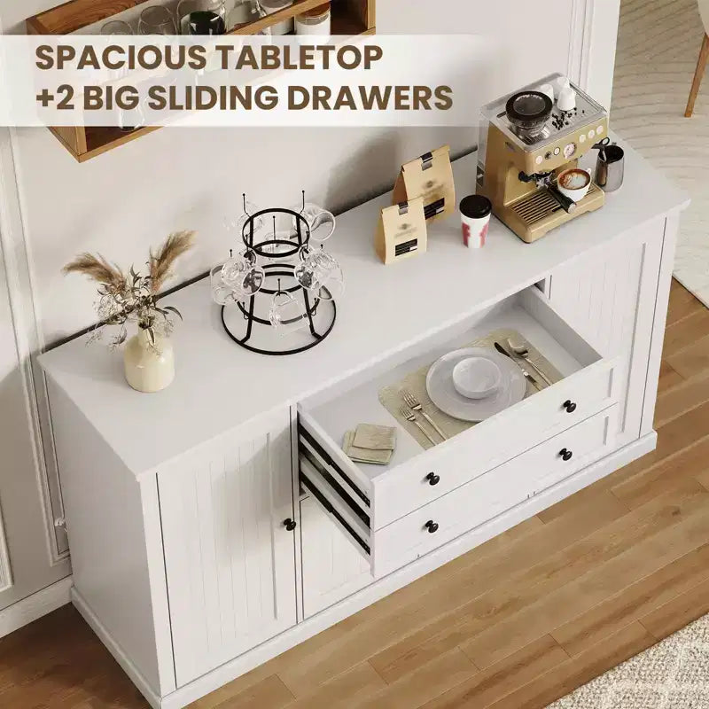 Buffet/Bahut de Rangement 58 po avec 4 Portes et 2 Tiroirs, Meuble de Rangement de Cuisine en Bois Style Ferme, Station de Café