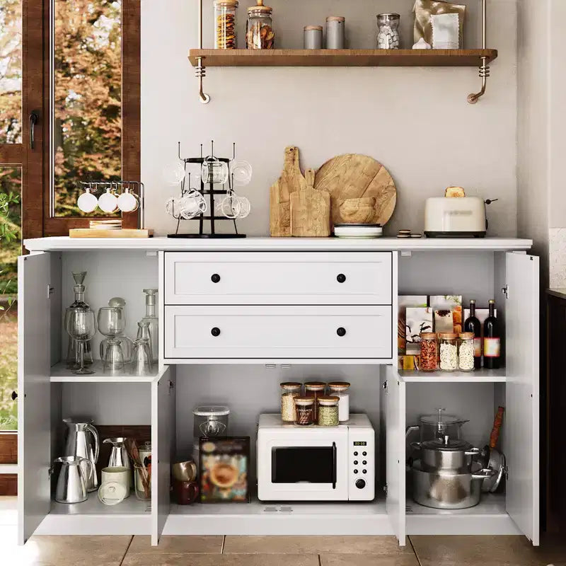 Buffet/Bahut de Rangement 58 po avec 4 Portes et 2 Tiroirs, Meuble de Rangement de Cuisine en Bois Style Ferme, Station de Café