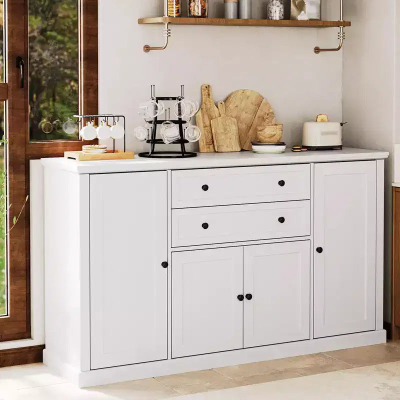Buffet/Bahut de Rangement 58 po avec 4 Portes et 2 Tiroirs, Meuble de Rangement de Cuisine en Bois Style Ferme, Station de Café