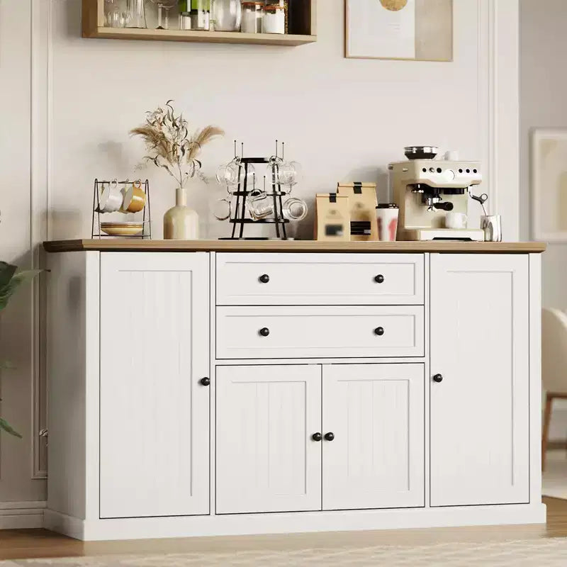 Buffet/Bahut de Rangement 58 po avec 4 Portes et 2 Tiroirs, Meuble de Rangement de Cuisine en Bois Style Ferme, Station de Café