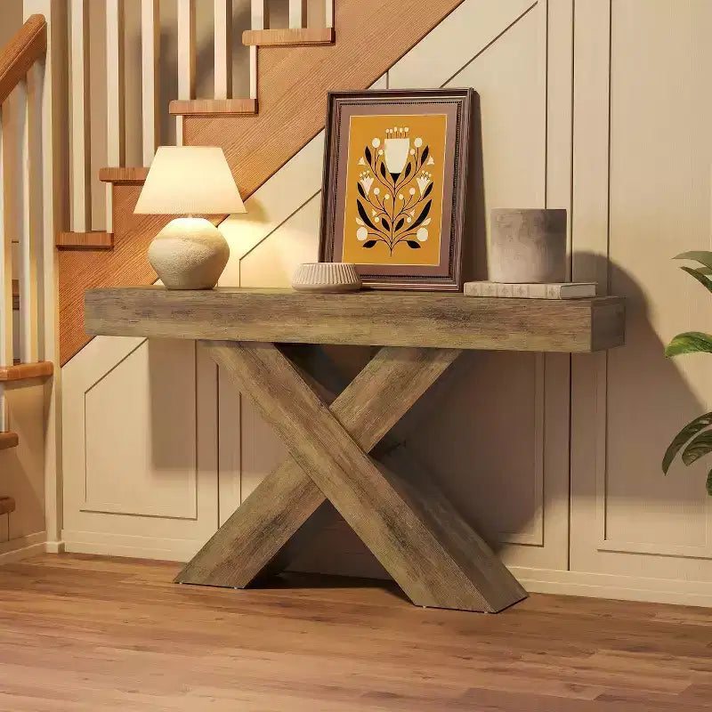 Console d'entrée étroite rustique en forme de X