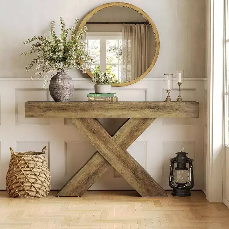 Console d'entrée étroite rustique en forme de X