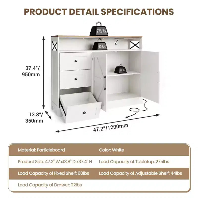 Meuble Buffet de Ferme avec Rangement et Prise de Courant Intégrée, Meuble Buffet avec 2 Portes et 3 Tiroirs pour Salon et Salle à Manger