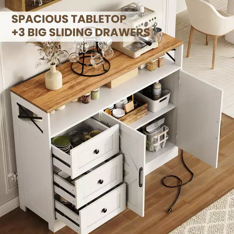 Meuble Buffet de Ferme avec Rangement et Prise de Courant Intégrée, Meuble Buffet avec 2 Portes et 3 Tiroirs pour Salon et Salle à Manger