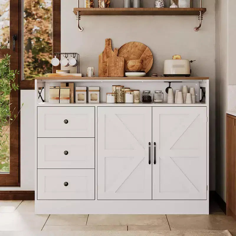 Meuble Buffet de Ferme avec Rangement et Prise de Courant Intégrée, Meuble Buffet avec 2 Portes et 3 Tiroirs pour Salon et Salle à Manger