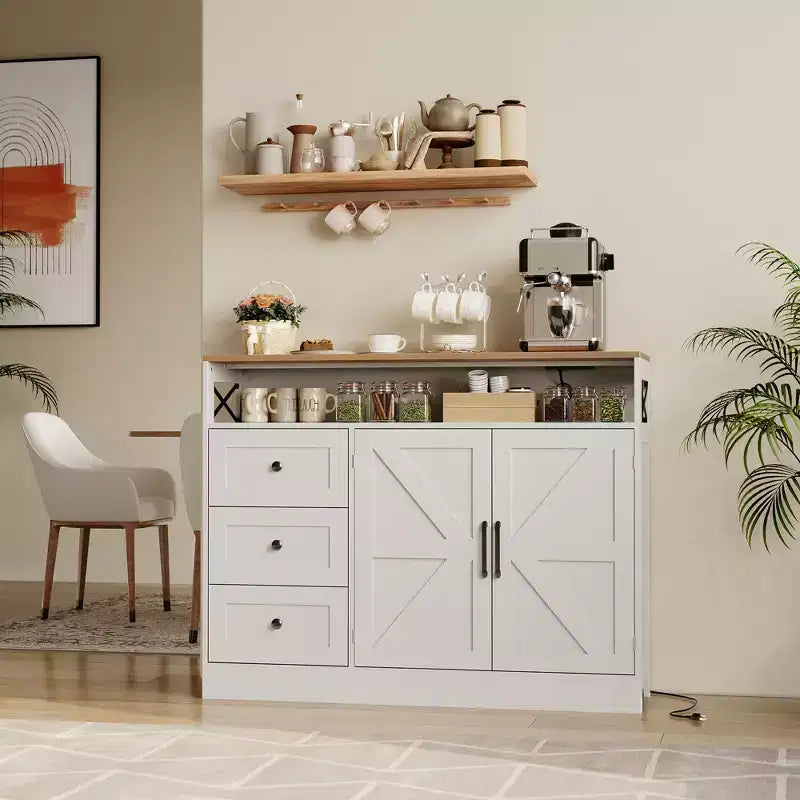 Meuble Buffet de Ferme avec Rangement et Prise de Courant Intégrée, Meuble Buffet avec 2 Portes et 3 Tiroirs pour Salon et Salle à Manger