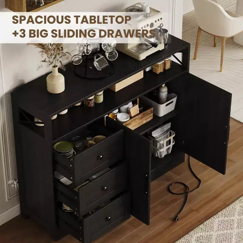 Meuble Buffet de Ferme avec Rangement et Prise de Courant Intégrée, Meuble Buffet avec 2 Portes et 3 Tiroirs pour Salon et Salle à Manger