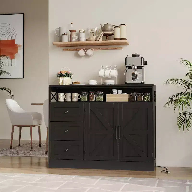 Meuble Buffet de Ferme avec Rangement et Prise de Courant Intégrée, Meuble Buffet avec 2 Portes et 3 Tiroirs pour Salon et Salle à Manger