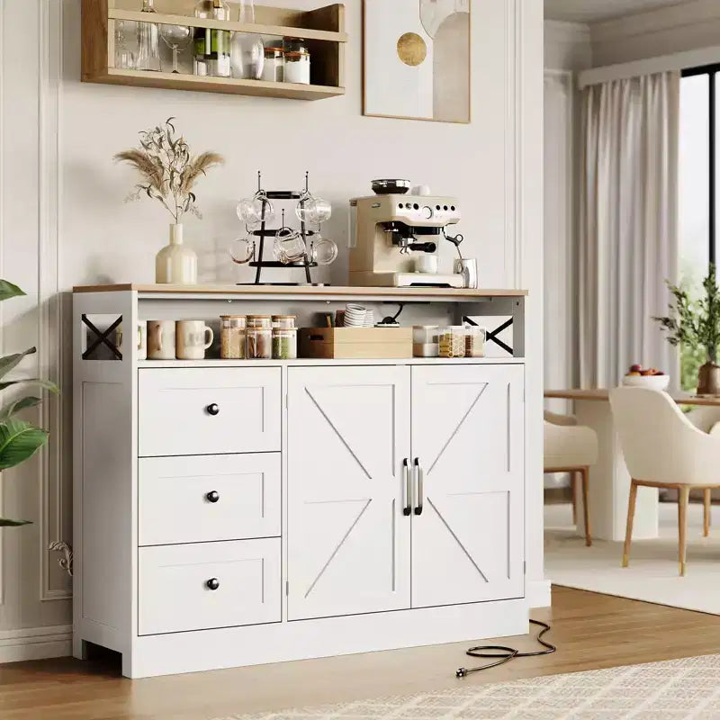 Meuble Buffet de Ferme avec Rangement et Prise de Courant Intégrée, Meuble Buffet avec 2 Portes et 3 Tiroirs pour Salon et Salle à Manger