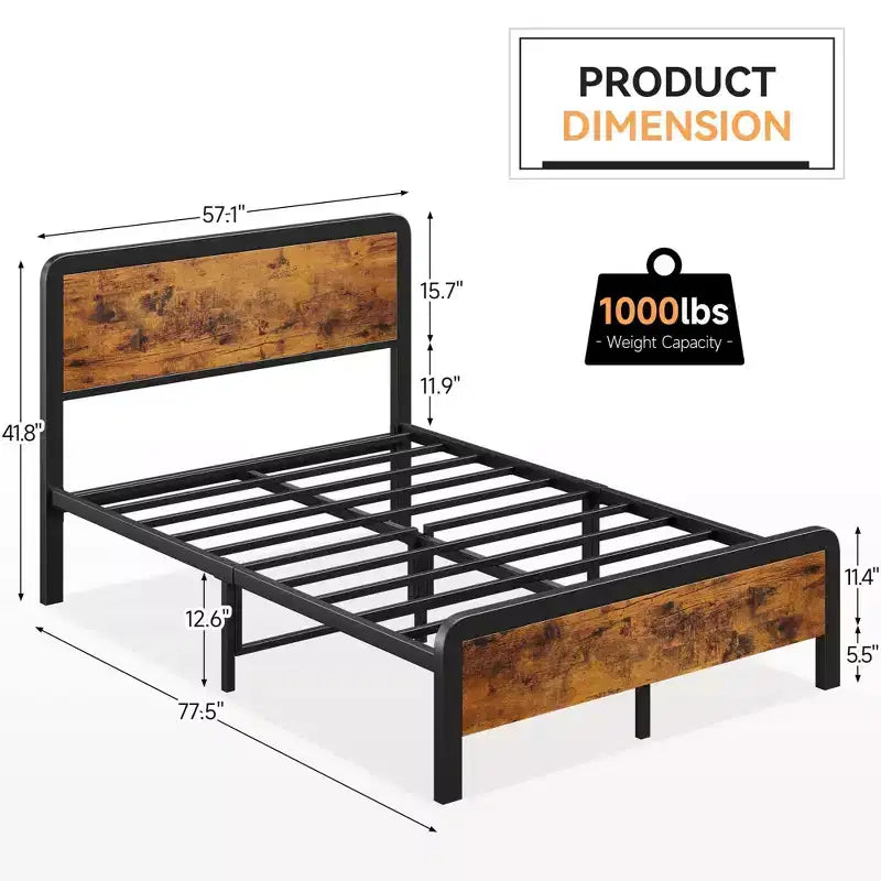 Cadre de lit en métal pour lit double/grand lit avec tête de lit rustique en bois vintage, sommier tapissier avec coins arrondis sécurisés