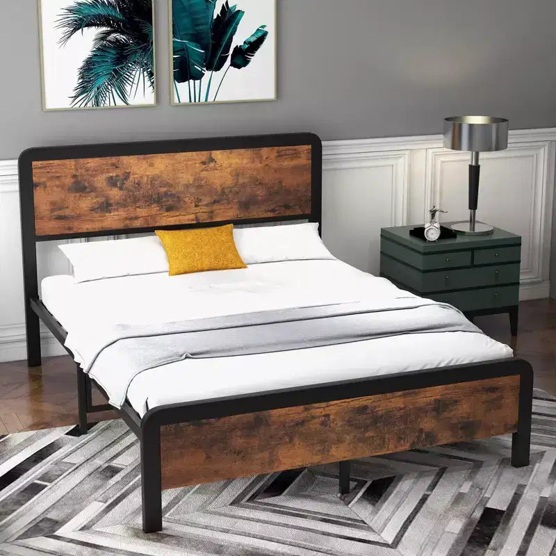 Cadre de lit en métal pour lit double/grand lit avec tête de lit rustique en bois vintage, sommier tapissier avec coins arrondis sécurisés