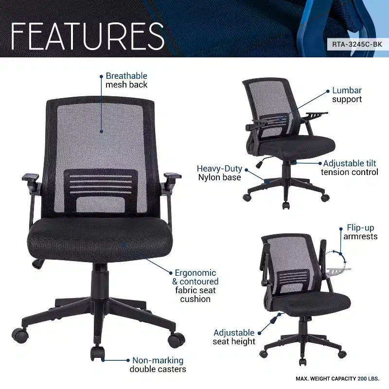 Chaise de bureau ergonomique en maille, chaise rembourrée entrecroisée avec hauteur réglable et roulettes, chaise pivotante pour salle de lecture, bureau, noire