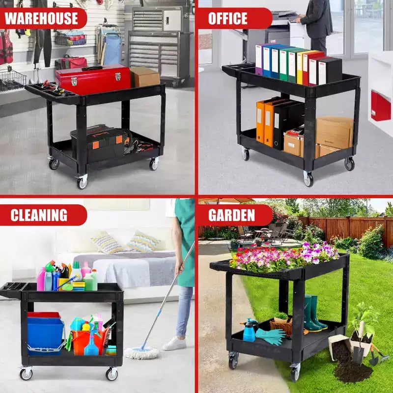 Chariot de service robuste à 2 niveaux, chariot utilitaire roulant avec roues pivotantes à 360° et étagère surdimensionnée, pour entrepôt, garage, nettoyage