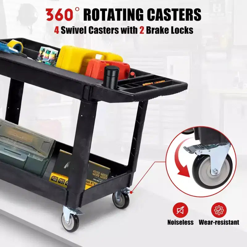 Chariot de service robuste à 2 niveaux, chariot utilitaire roulant avec roues pivotantes à 360° et étagère surdimensionnée, pour entrepôt, garage, nettoyage