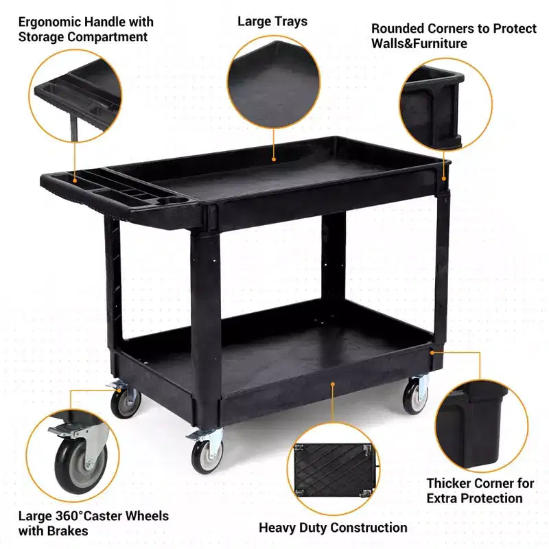 Chariot de service robuste à 2 niveaux, chariot utilitaire roulant avec roues pivotantes à 360° et étagère surdimensionnée, pour entrepôt, garage, nettoyage