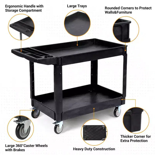 Chariot de service robuste à 2 niveaux, chariot utilitaire roulant avec roues pivotantes à 360° et étagère surdimensionnée, pour entrepôt, garage, nettoyage