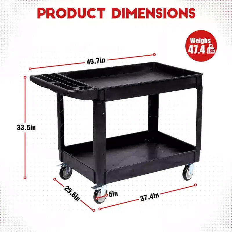 Chariot de service robuste à 2 niveaux, chariot utilitaire roulant avec roues pivotantes à 360° et étagère surdimensionnée, pour entrepôt, garage, nettoyage