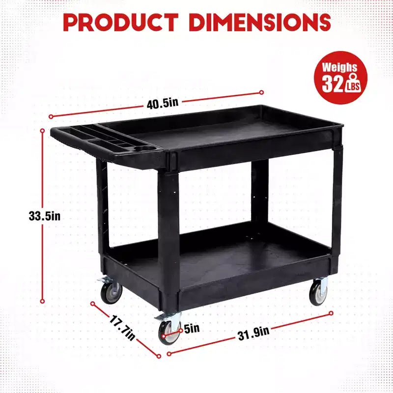 Chariot de service robuste à 2 niveaux, chariot utilitaire roulant avec roues pivotantes à 360° et étagère surdimensionnée, pour entrepôt, garage, nettoyage